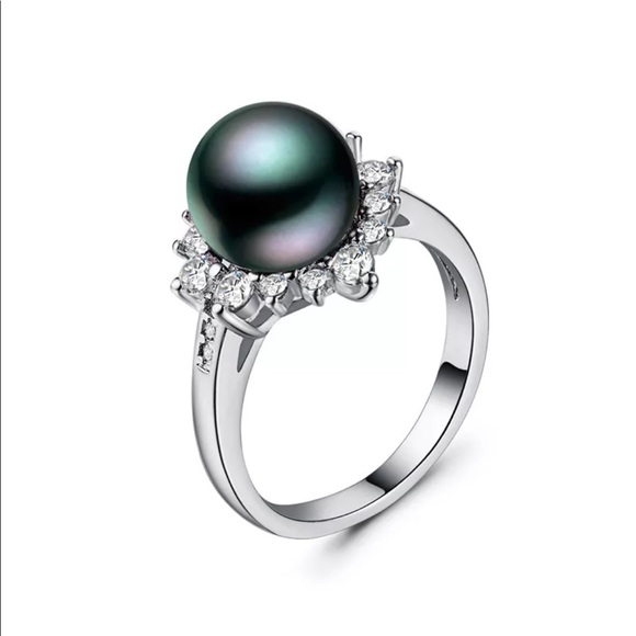 Tahitian Pearl White Sapphire Ring 925 Sterling - Picture 2 of 7